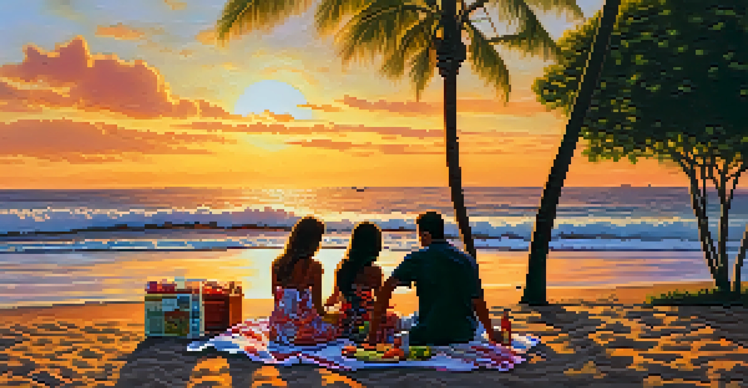 A couple enjoying a sunset picnic on Waikiki beach with a blanket and basket, surrounded by colorful sunset skies and ocean waves.