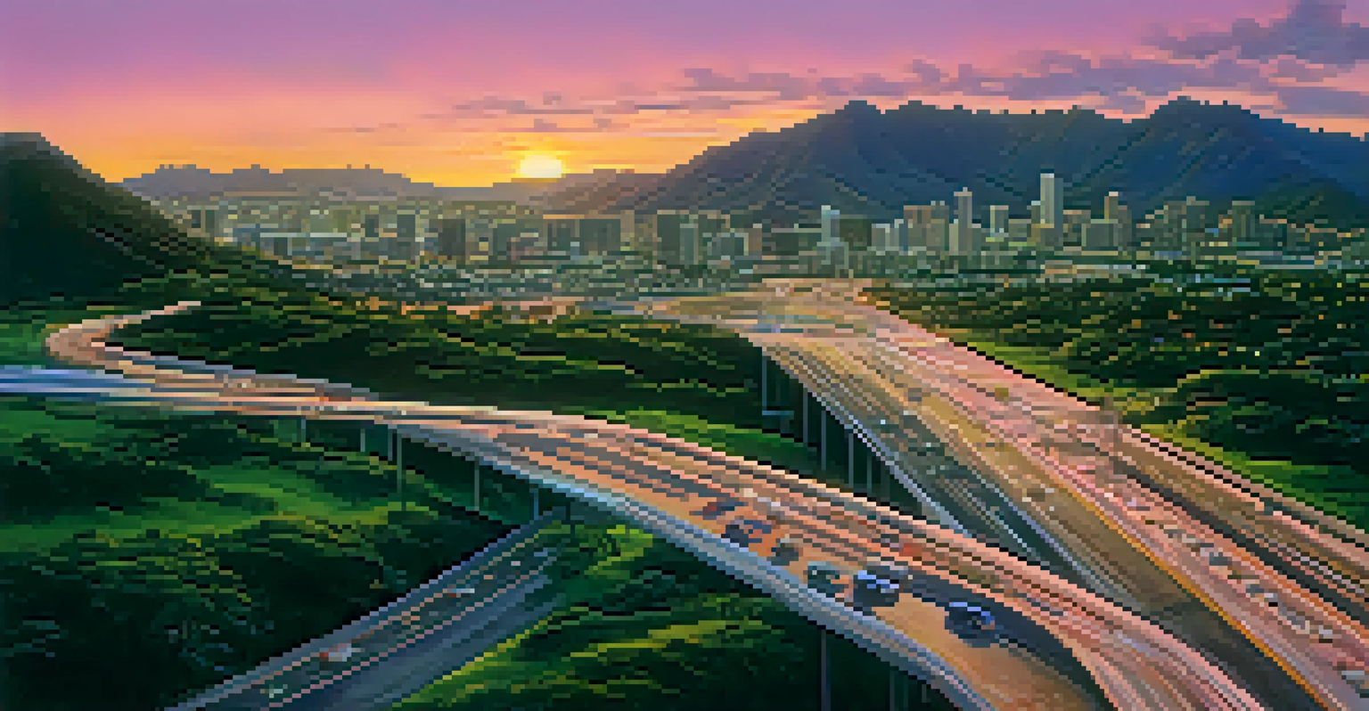 An aerial view of the H-1 Freeway in Honolulu at sunset, with cars and mountains in the background.