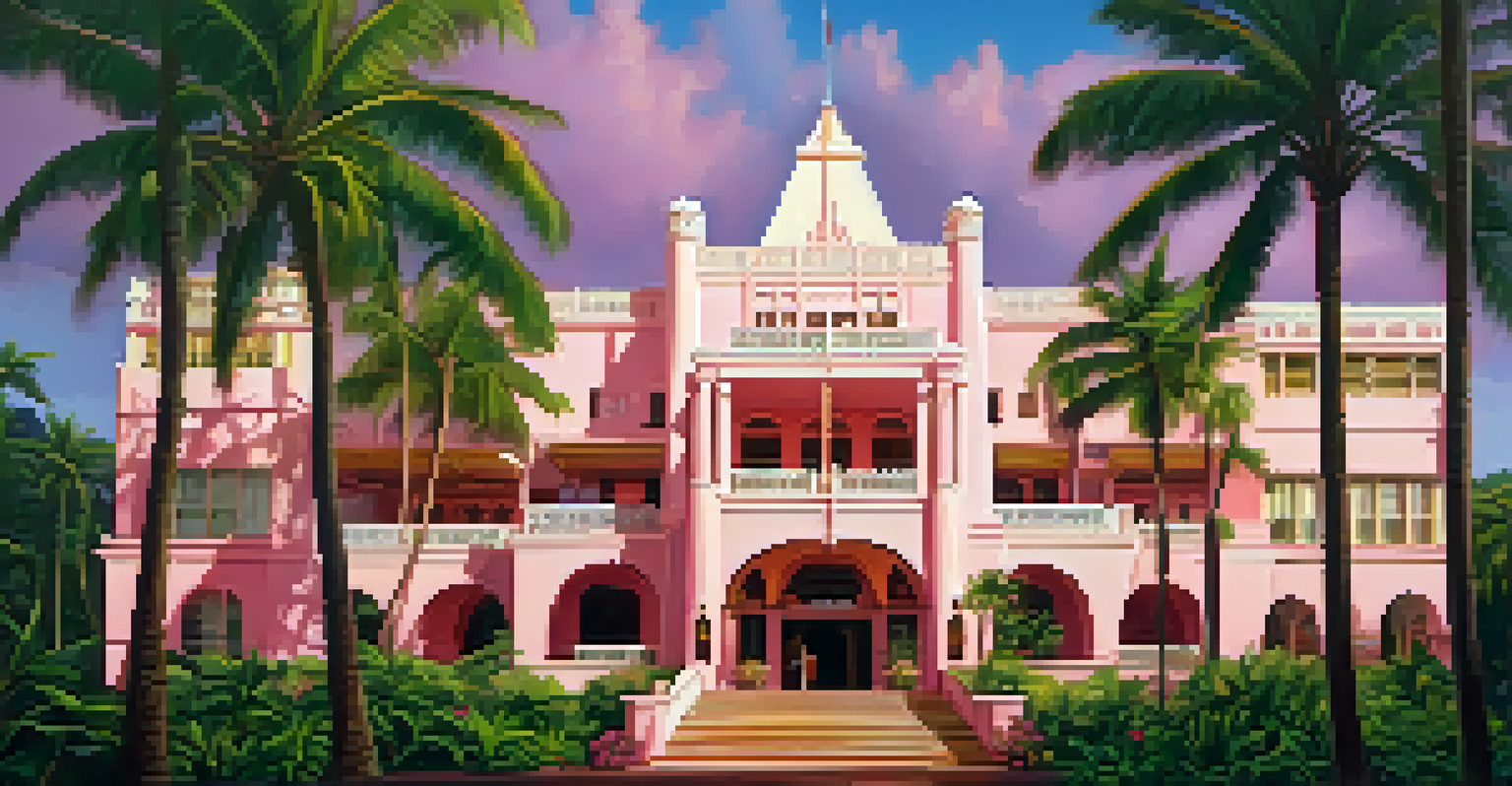 The Royal Hawaiian Hotel, a pink building with Moorish influences, surrounded by greenery and flowers, against a sunset backdrop.