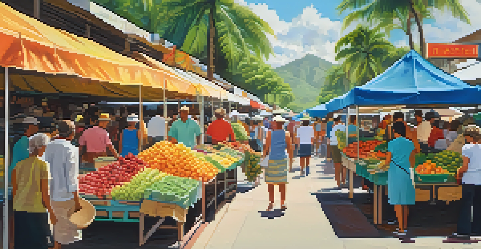 A lively local market in Honolulu with stalls of tropical fruits and handmade crafts, filled with people interacting with vendors under bright banners.