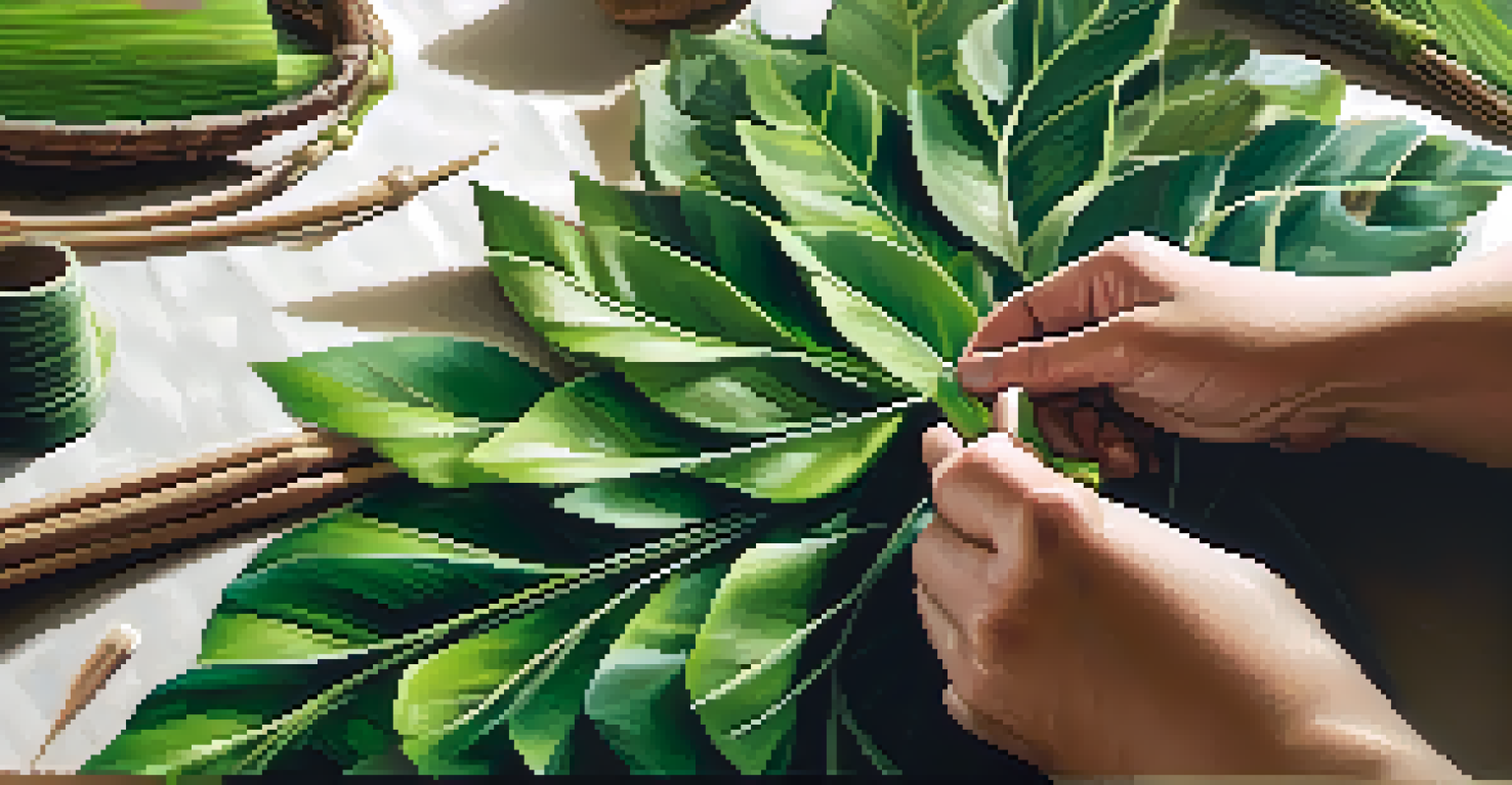 A close-up of hands crafting a ti leaf lei in a cozy workshop, surrounded by crafting materials and warm lighting.
