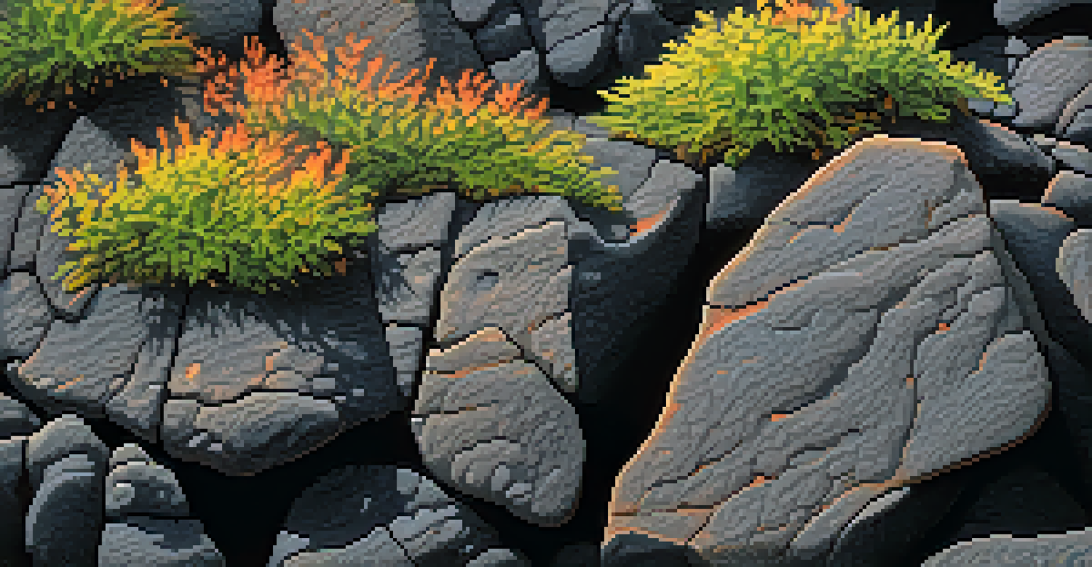 Close-up of volcanic rock formation with textures and colors of lava, and small plants growing in the cracks.