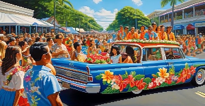 A lively parade featuring traditional Hawaiian floats surrounded by people in colorful attire, set against a sunny backdrop.