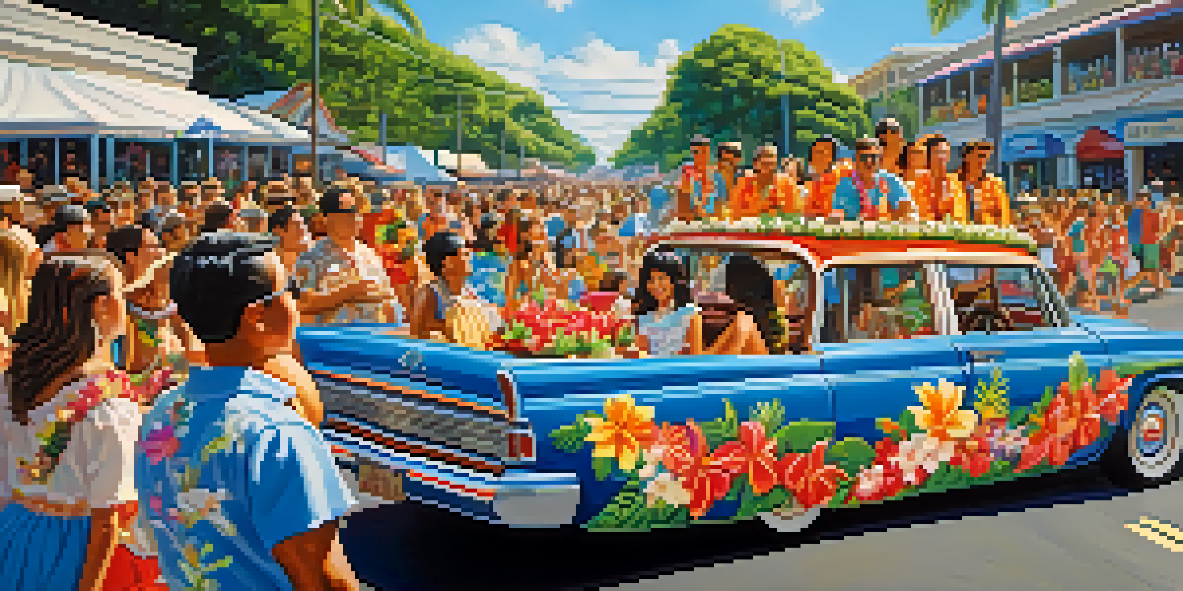 A lively parade featuring traditional Hawaiian floats surrounded by people in colorful attire, set against a sunny backdrop.