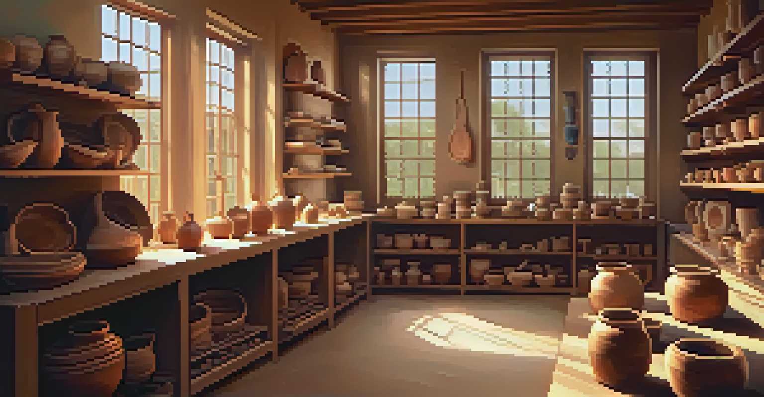 A cozy pottery studio filled with finished pottery and a potter's wheel.