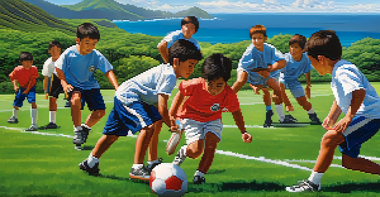 Young athletes practicing football on a green field in Honolulu with ocean and mountain views in the background.