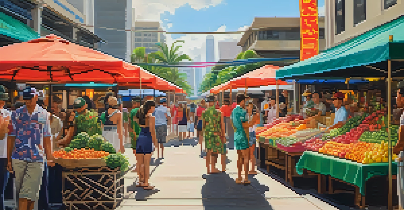 A vibrant street scene in Honolulu with service members and locals at a market, featuring colorful fruits, flowers, and handicrafts, with tiki torches and banners.