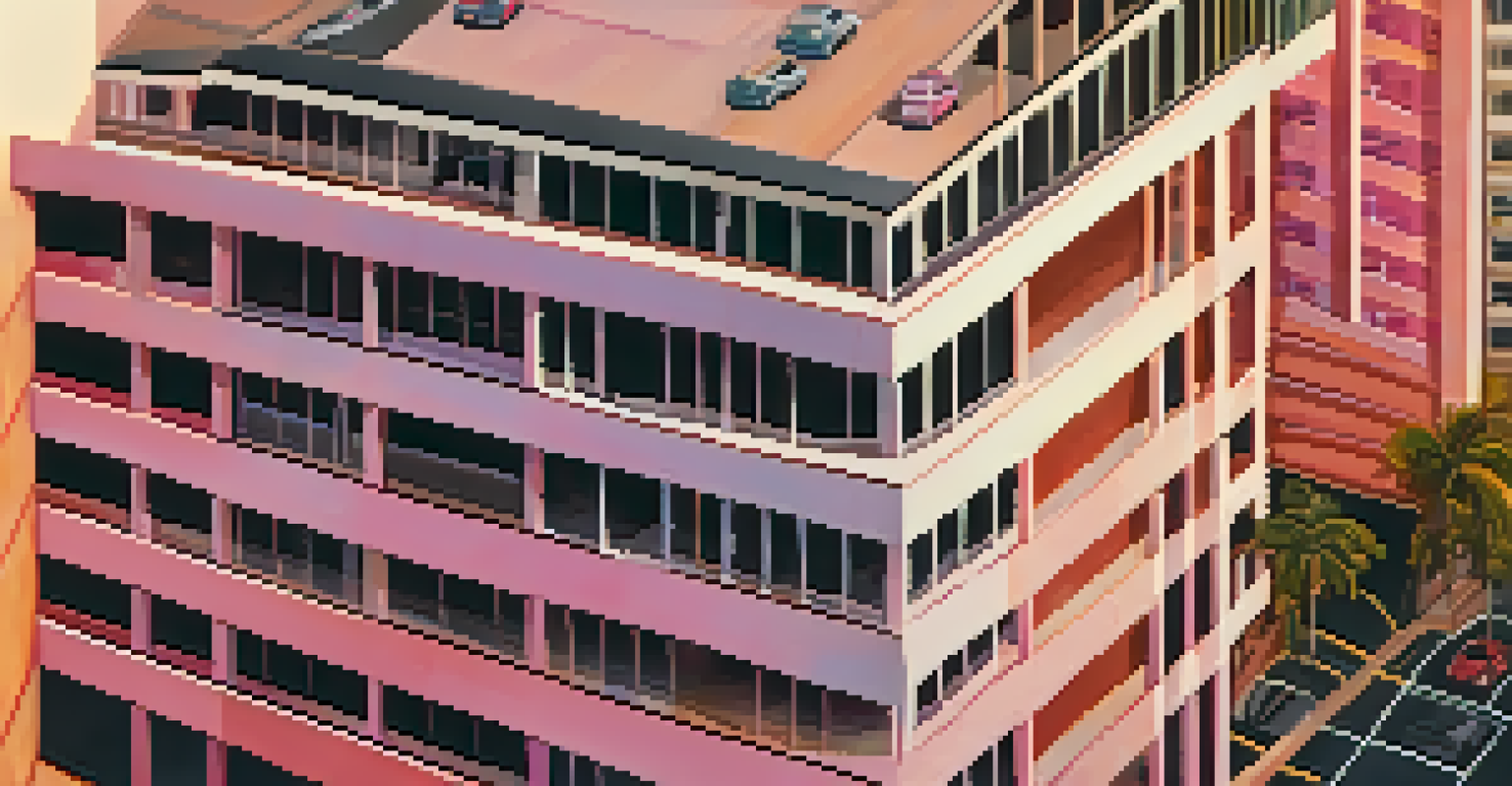 Aerial view of a parking garage in downtown Honolulu at sunset with warm sky colors.