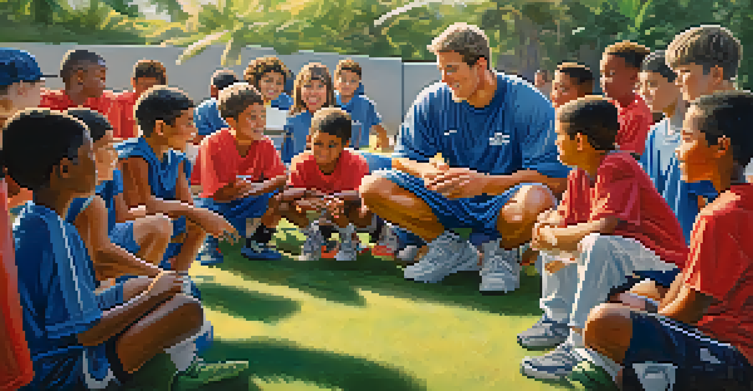 A coach mentoring young football players at a youth camp in Honolulu under a bright sunny sky.