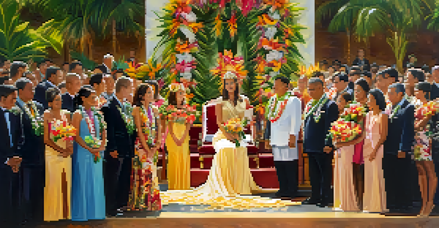 The Lei Queen and her court during the Lei Day ceremony, adorned in floral dresses and surrounded by vibrant decorations and a cheering crowd.