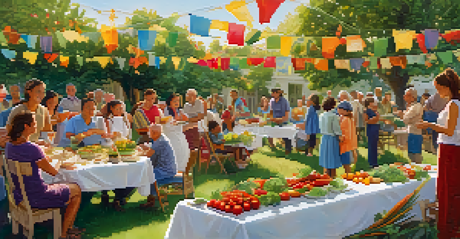A lively community harvest festival in a garden with people sharing food and enjoying each other's company.