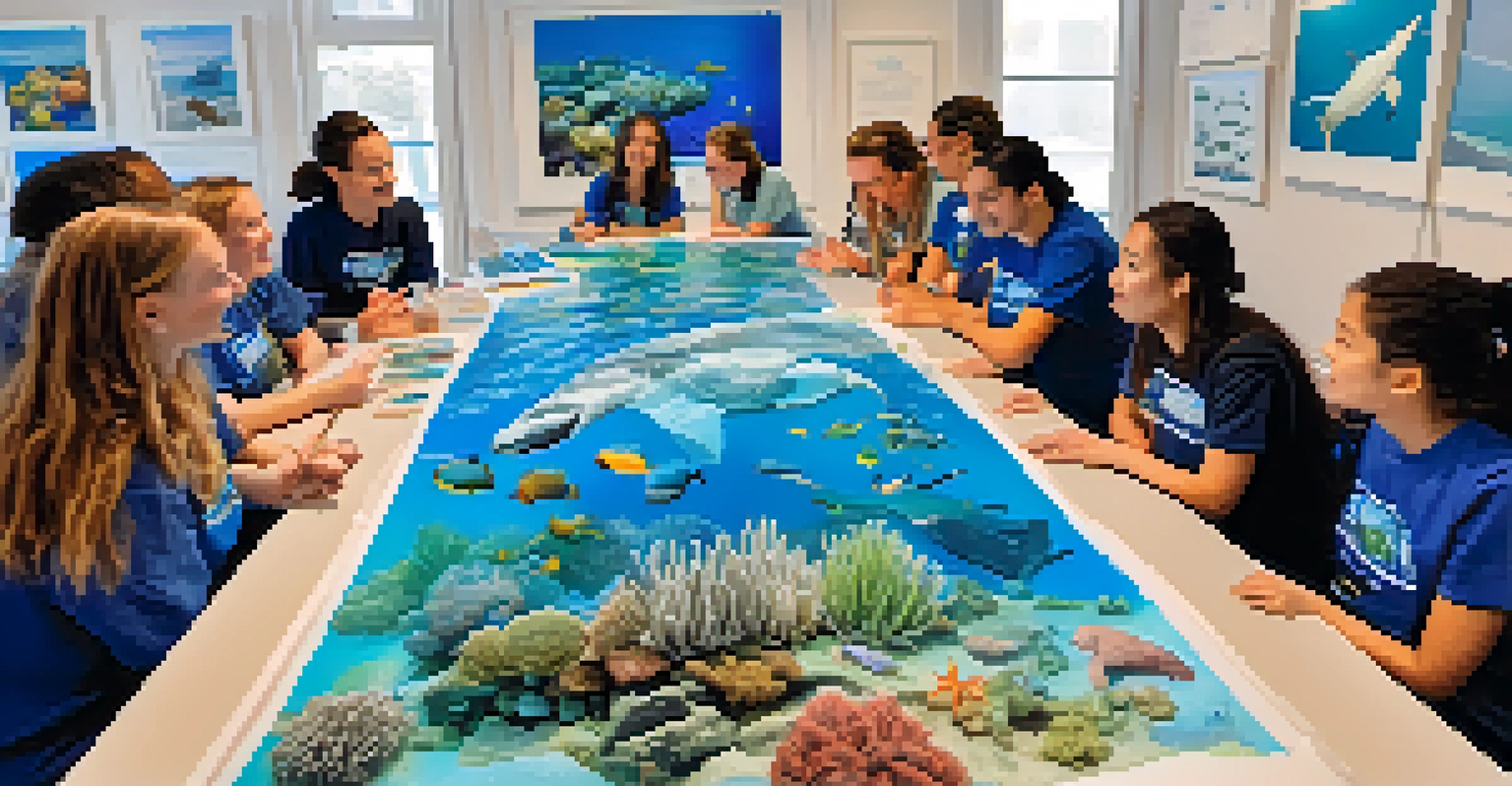 Volunteers participating in a marine conservation educational workshop, surrounded by models and educational materials in a bright room.