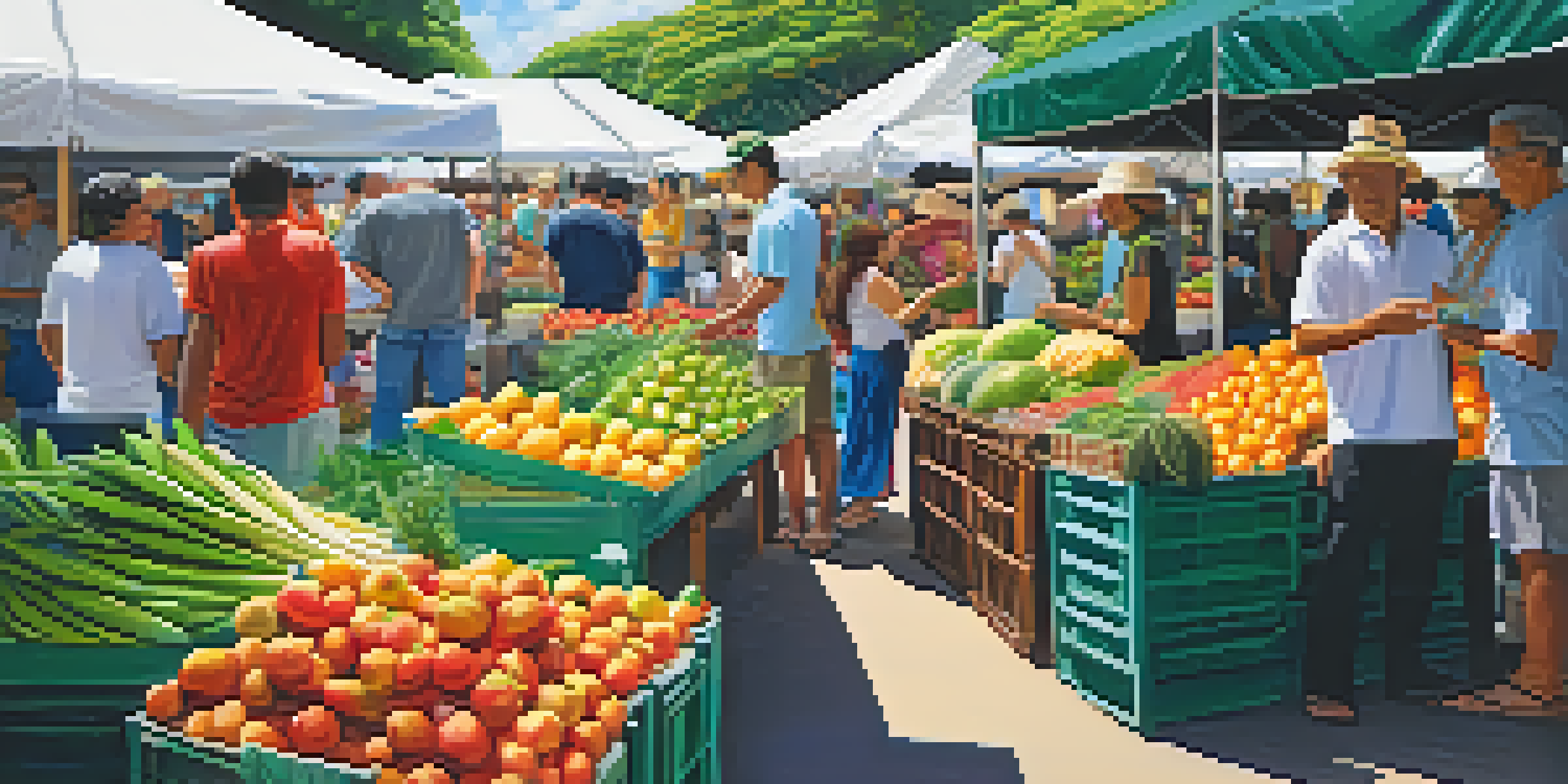 A lively farmers' market in Honolulu with colorful fruits and vegetables, local farmers engaging with visitors, and lush greenery in the background.