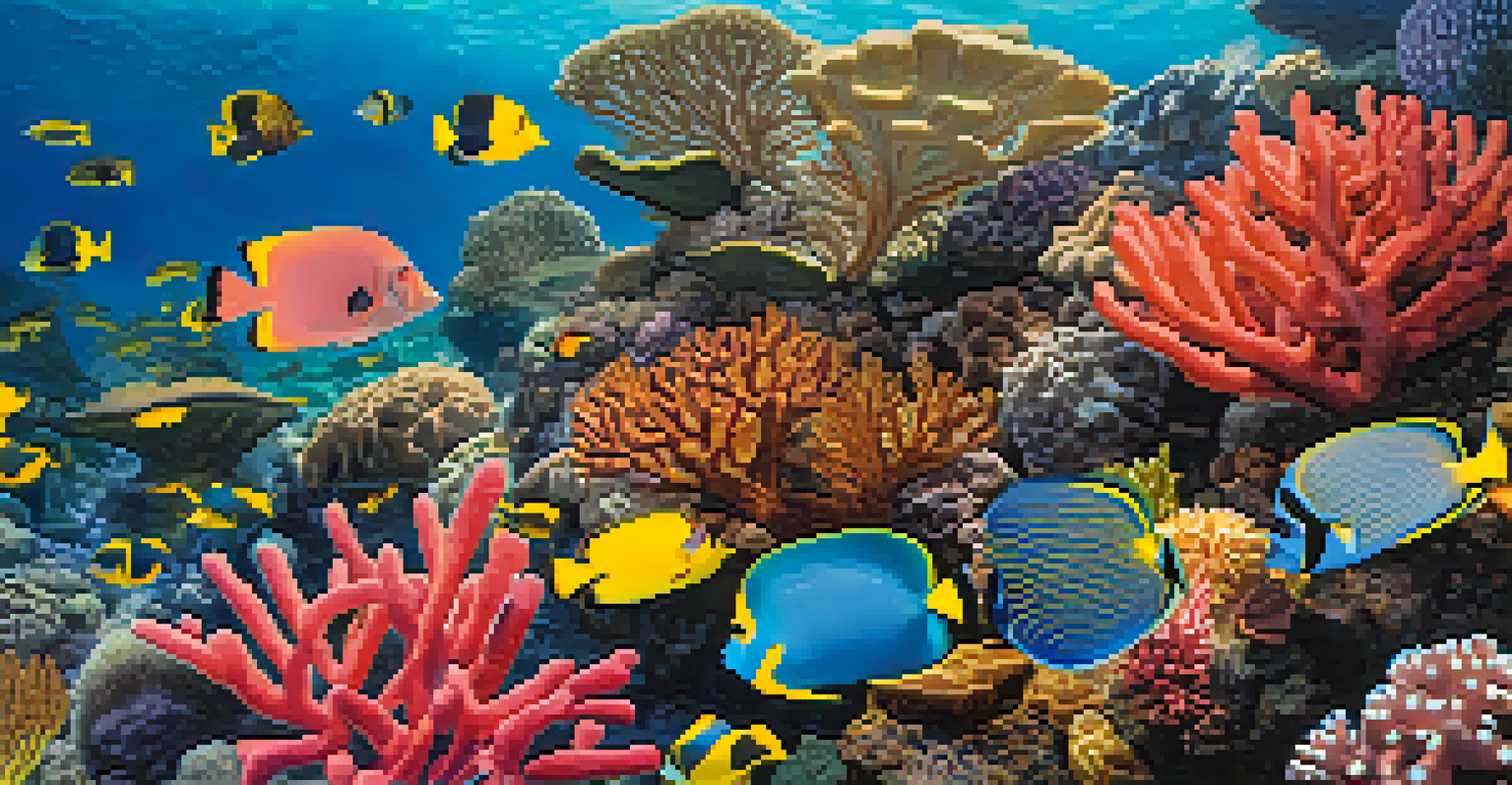A close-up view of a coral reef in Hawaii, featuring colorful corals and fish, with signs of bleaching.