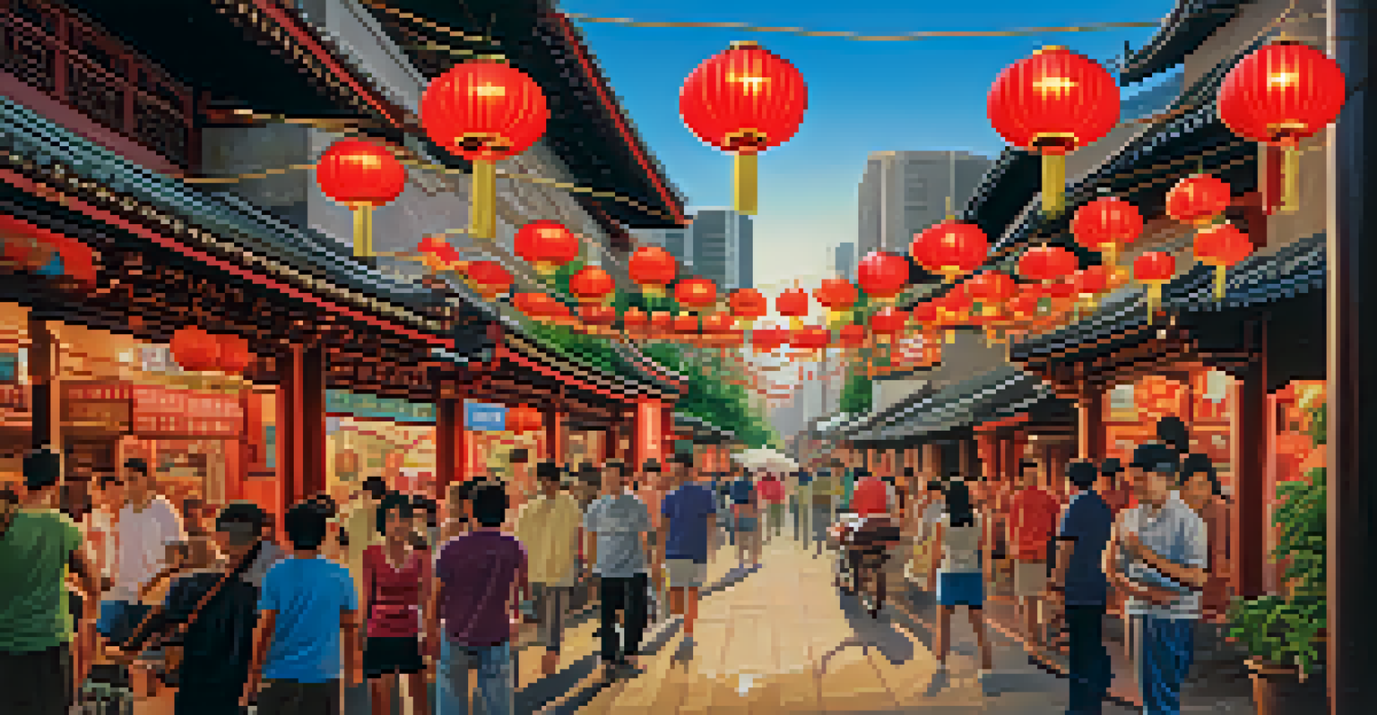 A vibrant scene of Chinatown in Honolulu, showcasing street art and traditional architecture with people exploring markets.