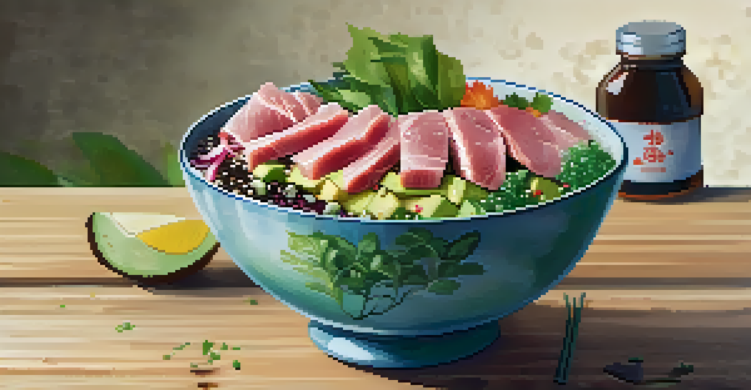 A close-up of a fresh poke bowl with tuna, avocado, and sesame seeds on a wooden table with tropical flowers.
