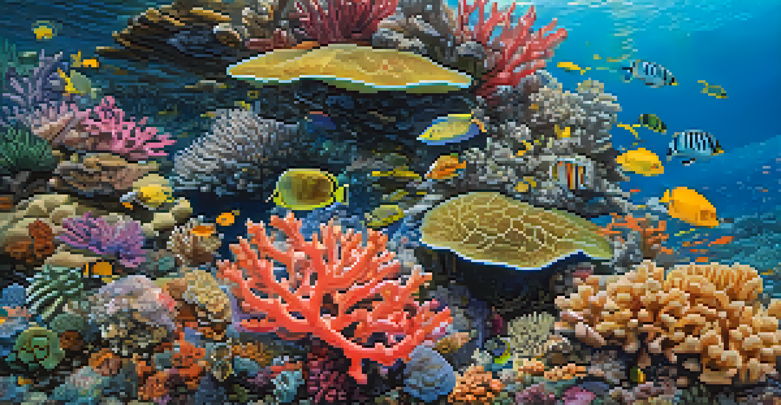 A close-up of a colorful coral reef with fish and marine life, illuminated by sunlight.