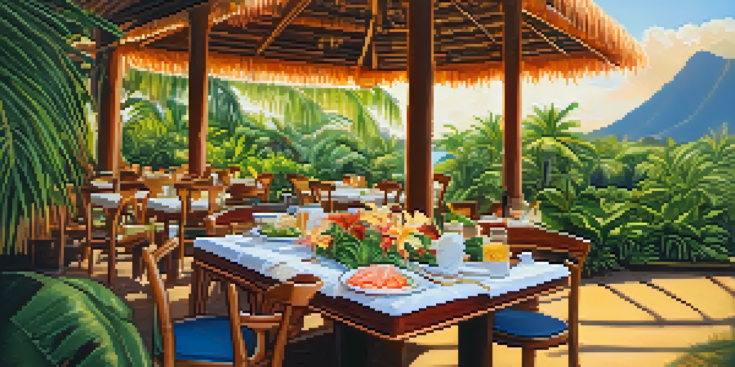 An outdoor dining setup showcasing a plate of kalua pig with poi and lomi lomi salmon, surrounded by tropical flowers and palm trees.