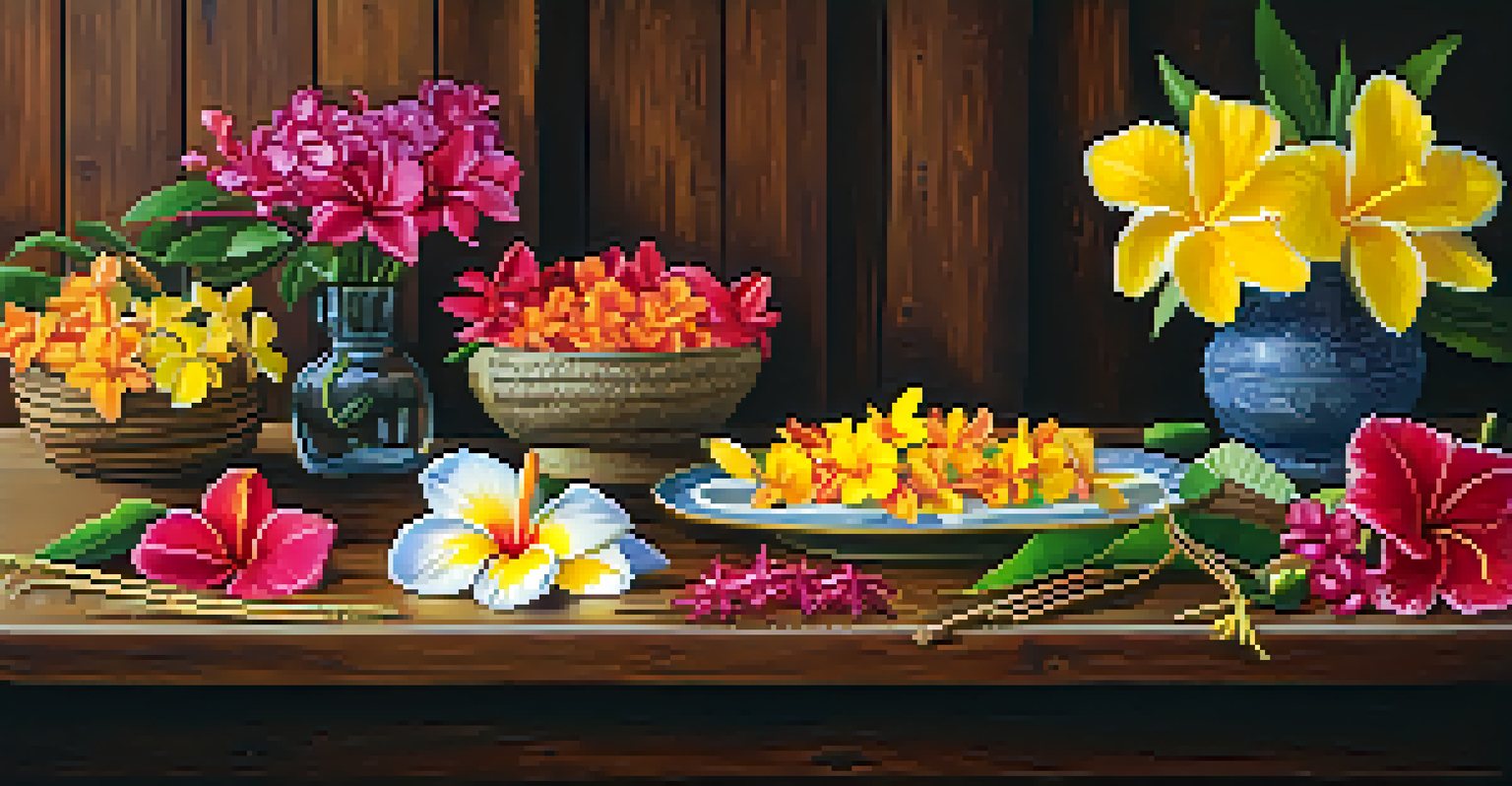 A table filled with fresh flowers for lei-making, including plumeria and orchids, set against a rustic wooden background with crafting tools.