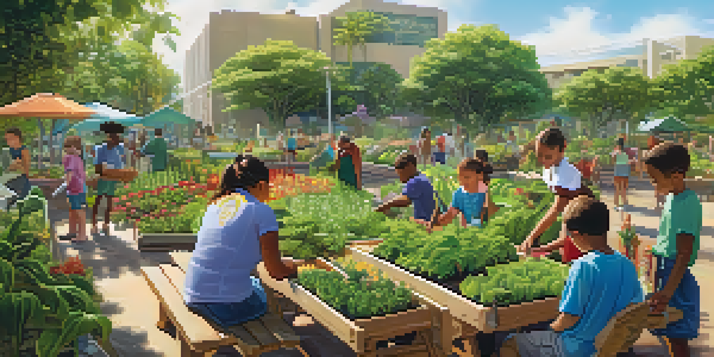 A colorful community garden in Honolulu with people gardening and a picnic table in the background.
