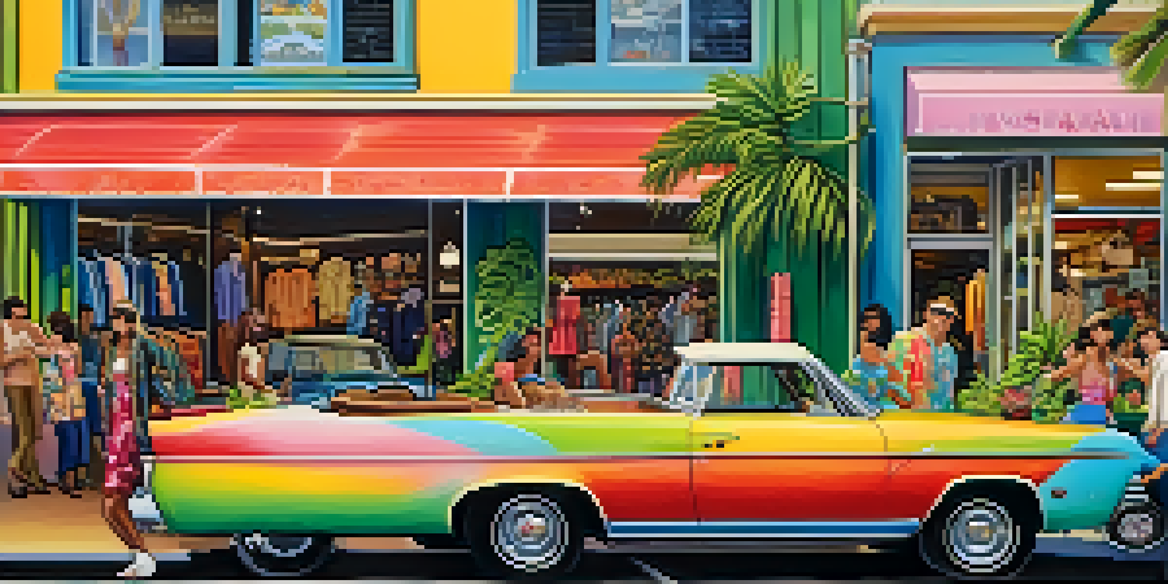 A lively vintage shop in Honolulu with colorful clothing and accessories, warmly lit and full of unique items.