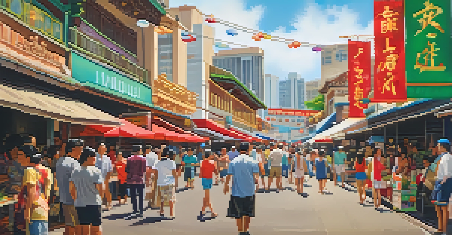 A busy street scene in Chinatown, Honolulu, showcasing colorful market stalls and traditional eateries.