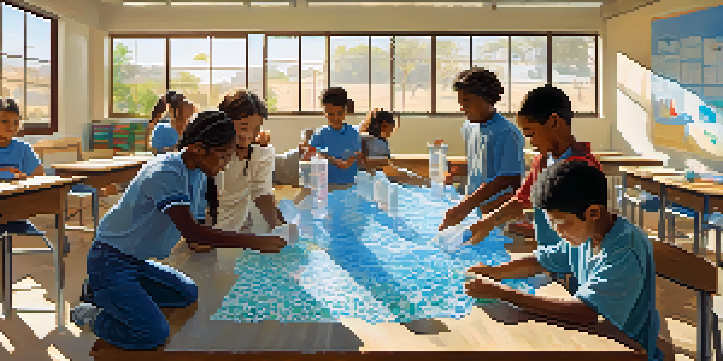 A classroom filled with diverse students working together on a water filtration project, with sunlight and colorful posters in the background.
