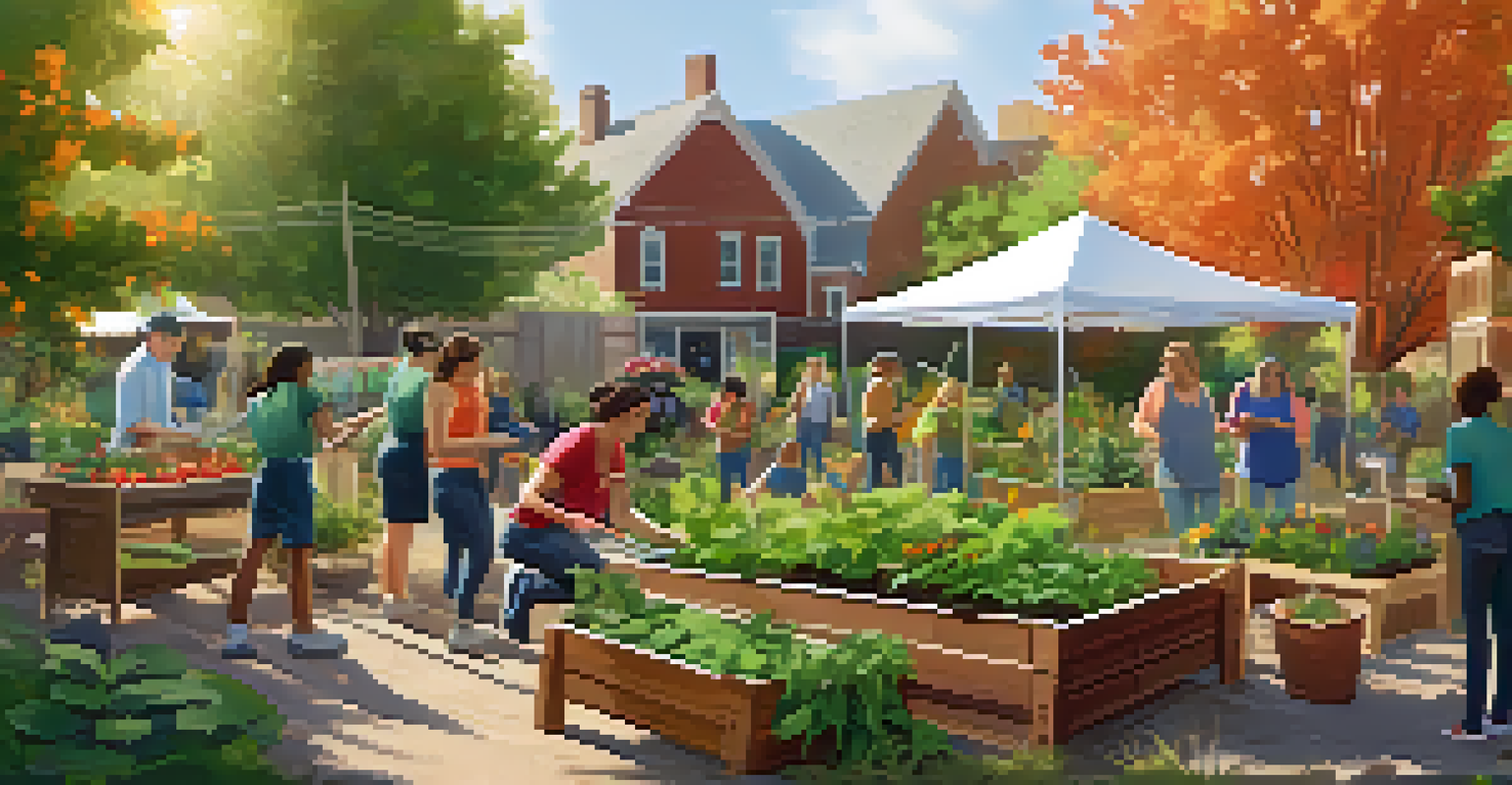 A community garden workshop with participants learning about composting and gardening, surrounded by vibrant plants and garden tools under soft sunlight.