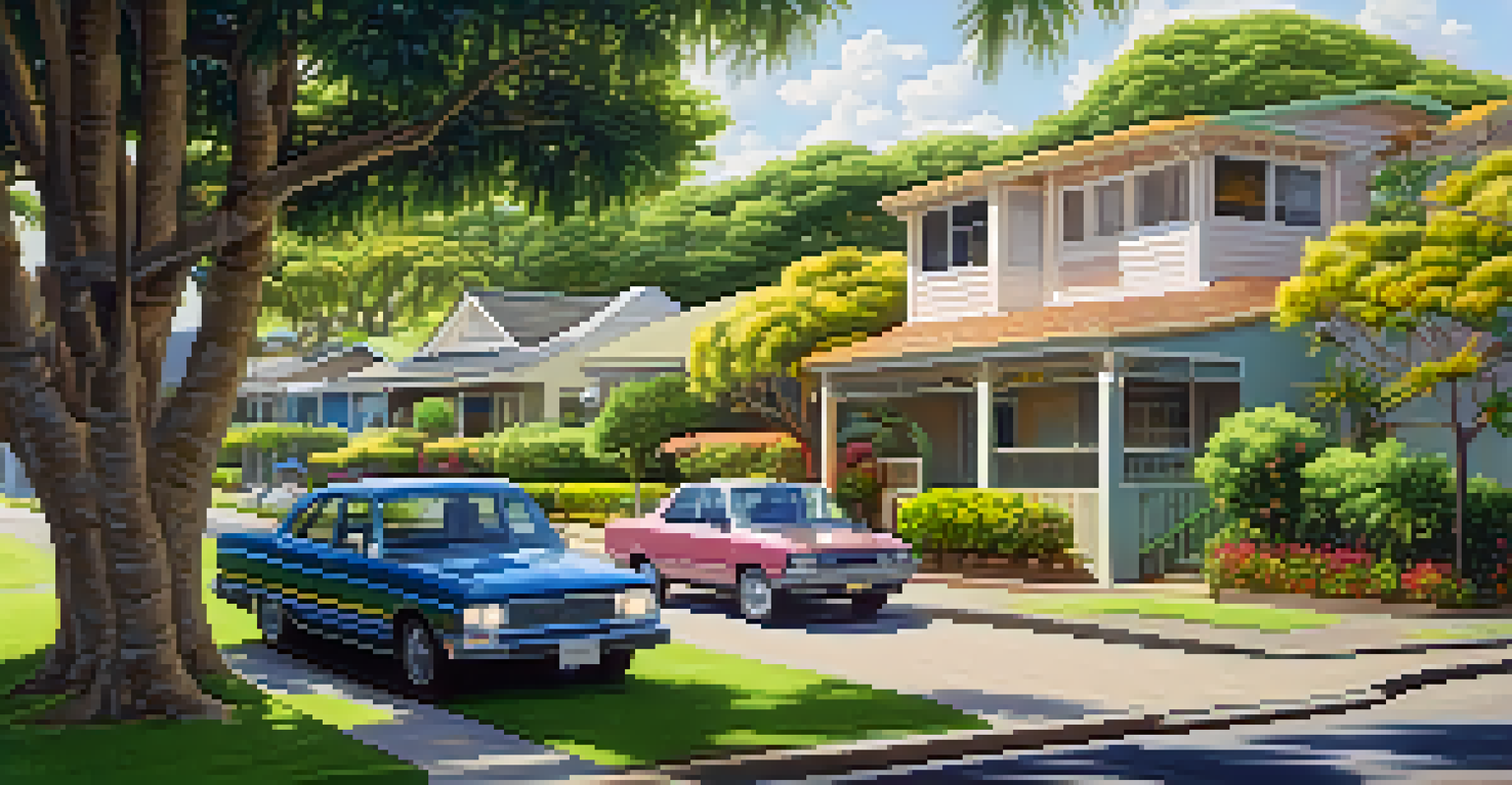 A peaceful residential neighborhood in Kaimuki with trees, houses, and parked cars under sunlight.