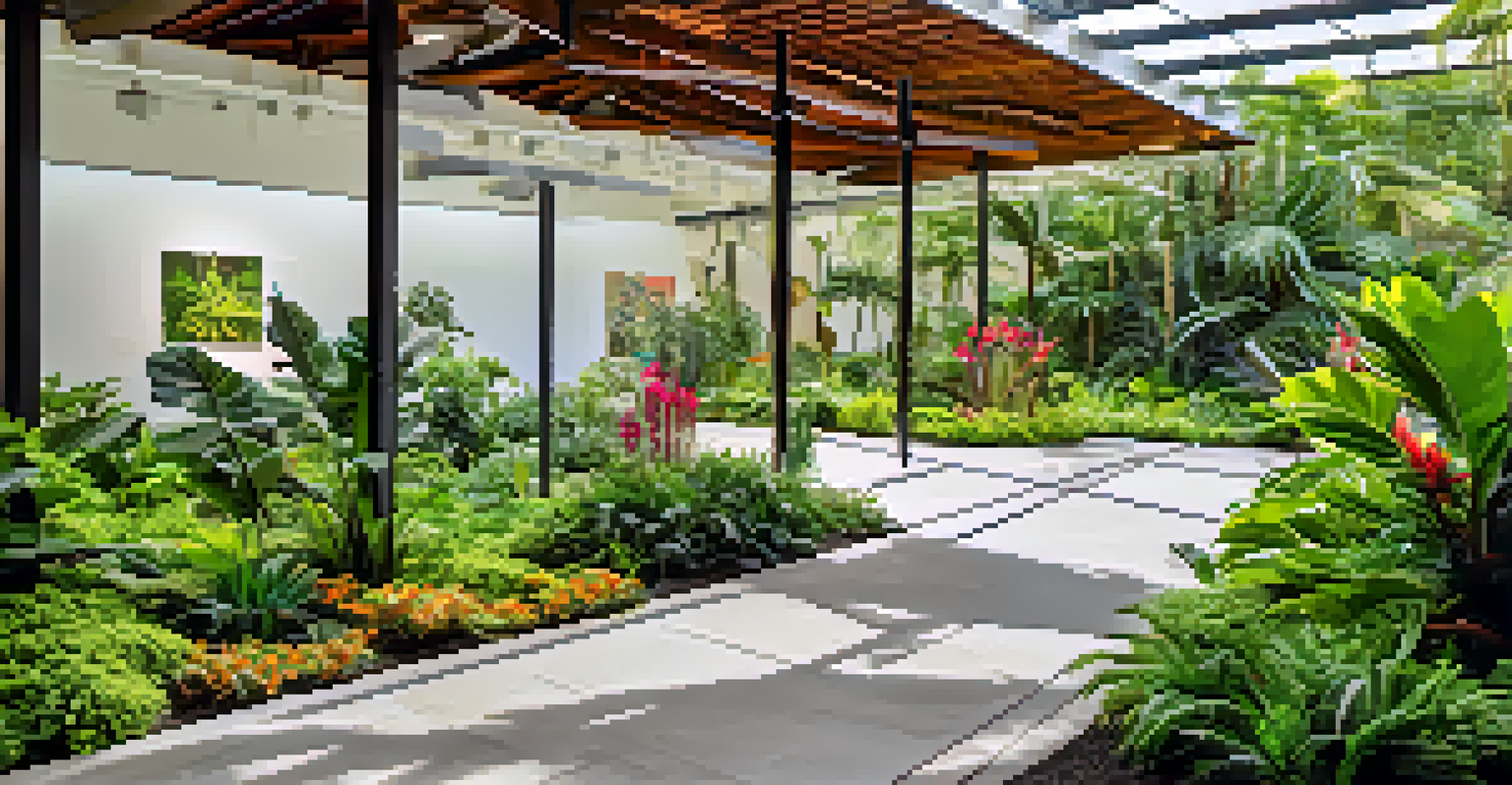 A serene outdoor sculpture garden at The Contemporary Museum, filled with modern art and tropical greenery.