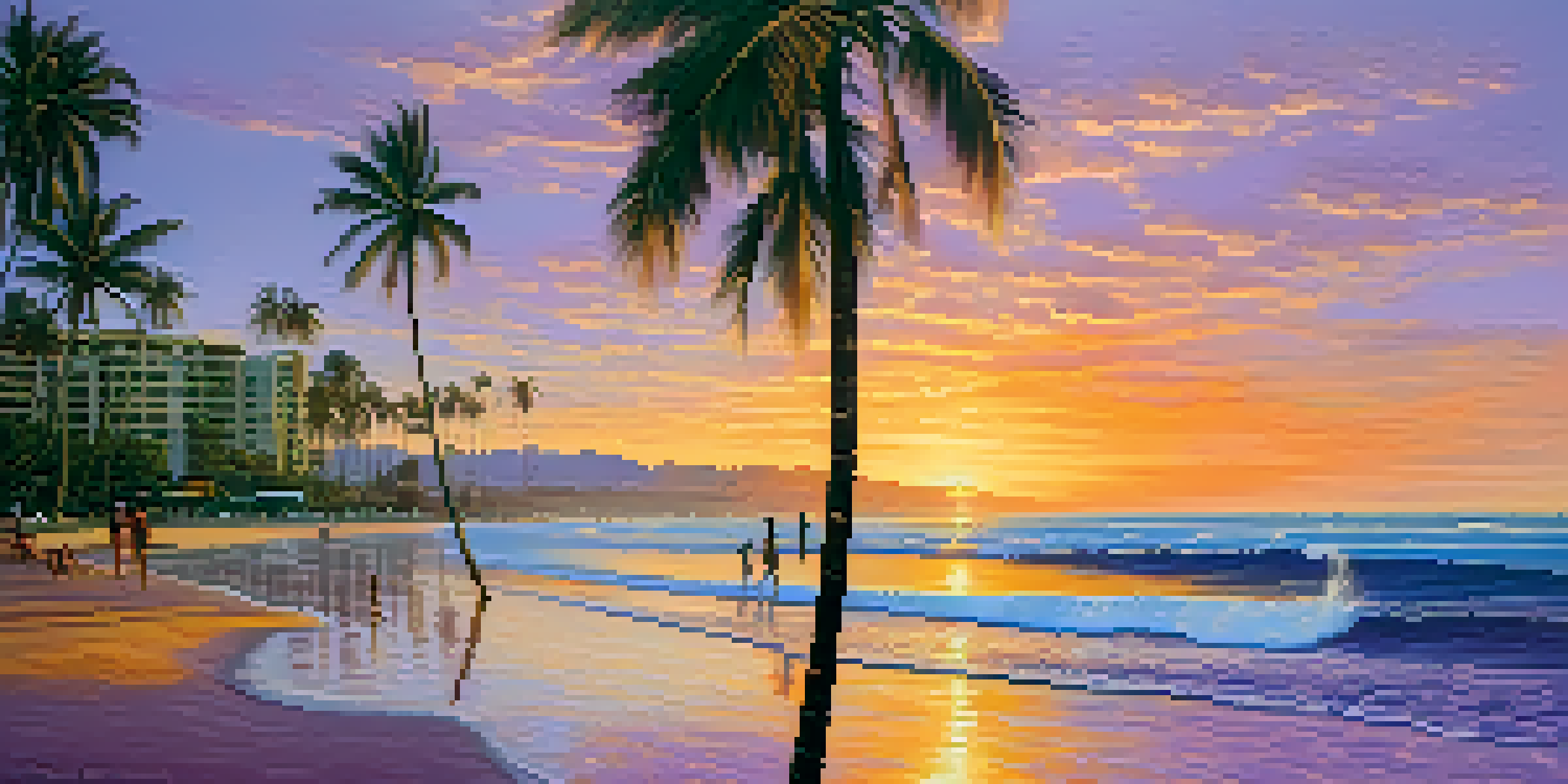 A beautiful sunrise at Waikiki Beach with surfers in the water and palm trees in the foreground.