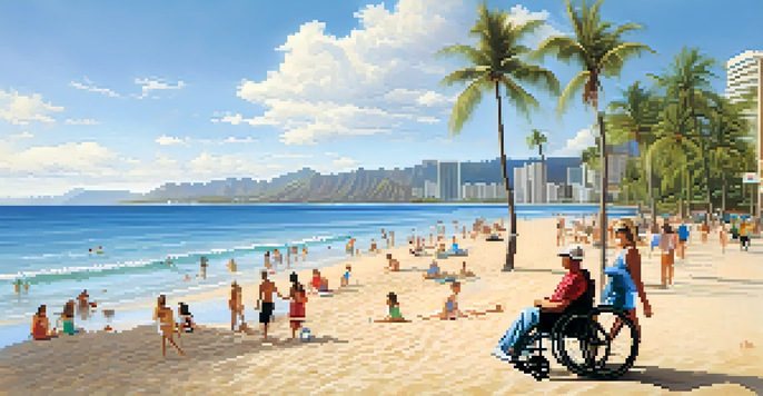 A scenic view of Waikiki Beach with an accessible path, beach wheelchairs, and happy tourists enjoying the sun and sea.
