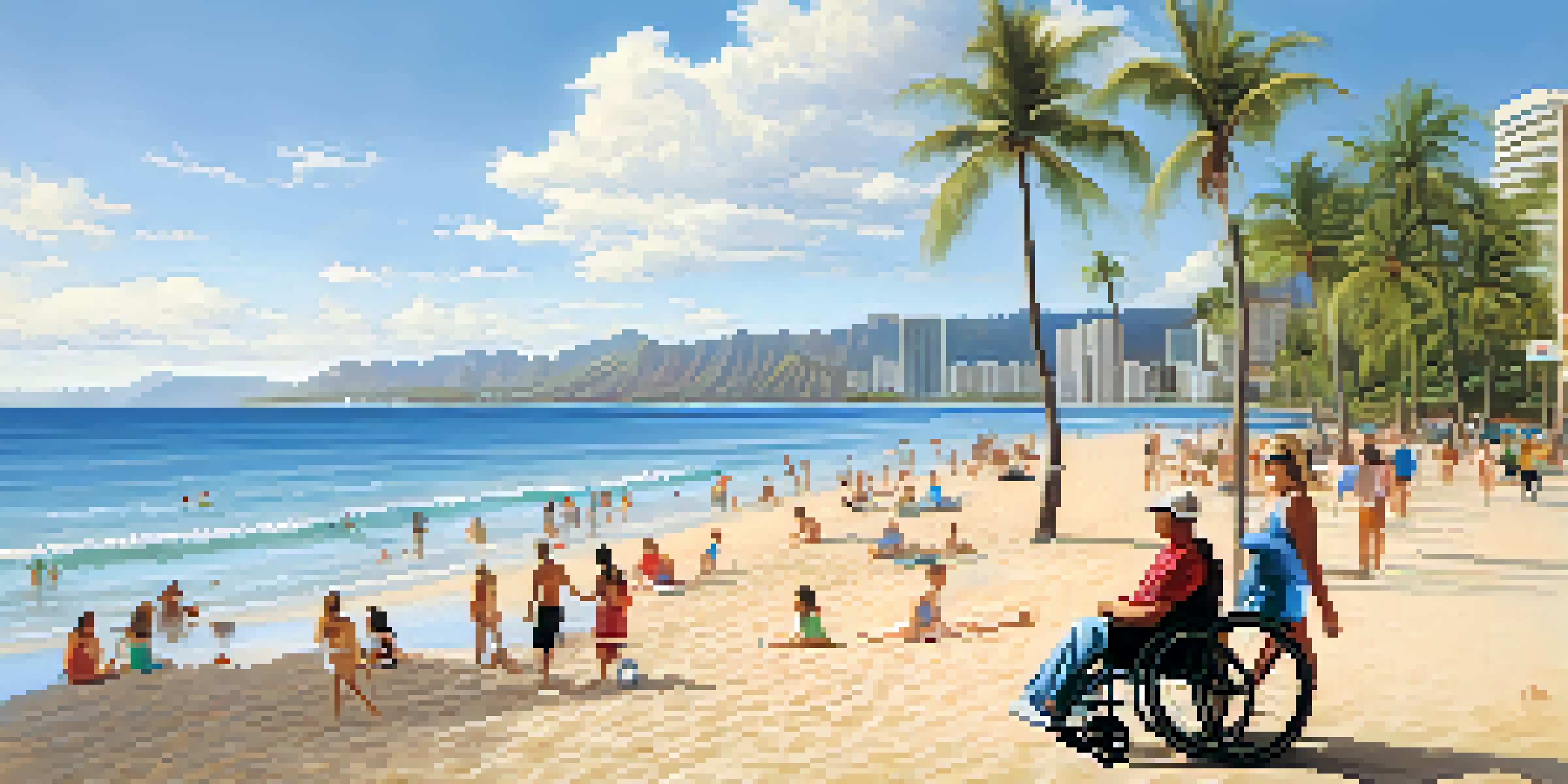 A scenic view of Waikiki Beach with an accessible path, beach wheelchairs, and happy tourists enjoying the sun and sea.