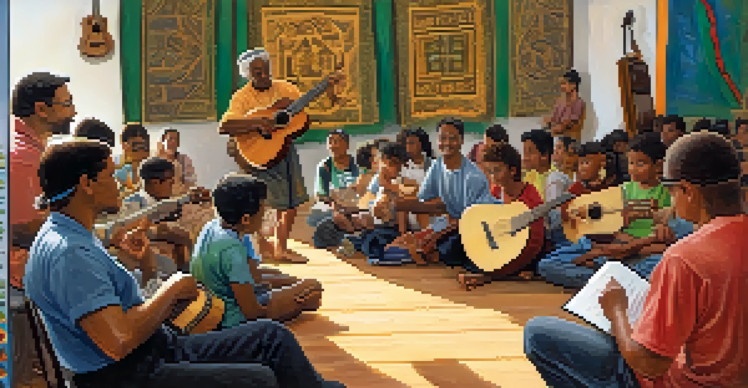 A workshop at the Hawaiian Slack Key Guitar Festival, with a guitar instructor teaching participants.