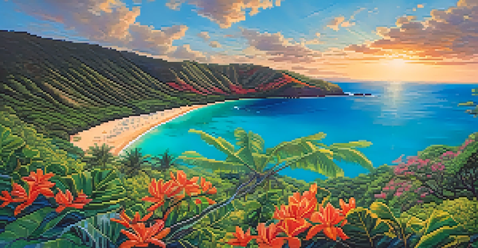 A panoramic view of Hanauma Bay with turquoise waters, coral reefs, and lush greenery, illuminated by a golden sunset.