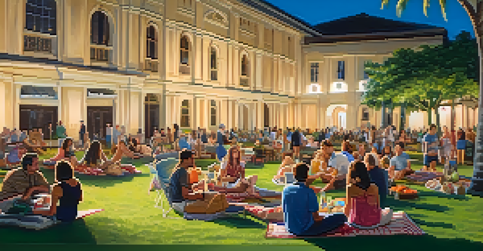 Guests enjoying an outdoor film festival at the Honolulu Museum of Art, surrounded by artwork and watching a classic film.