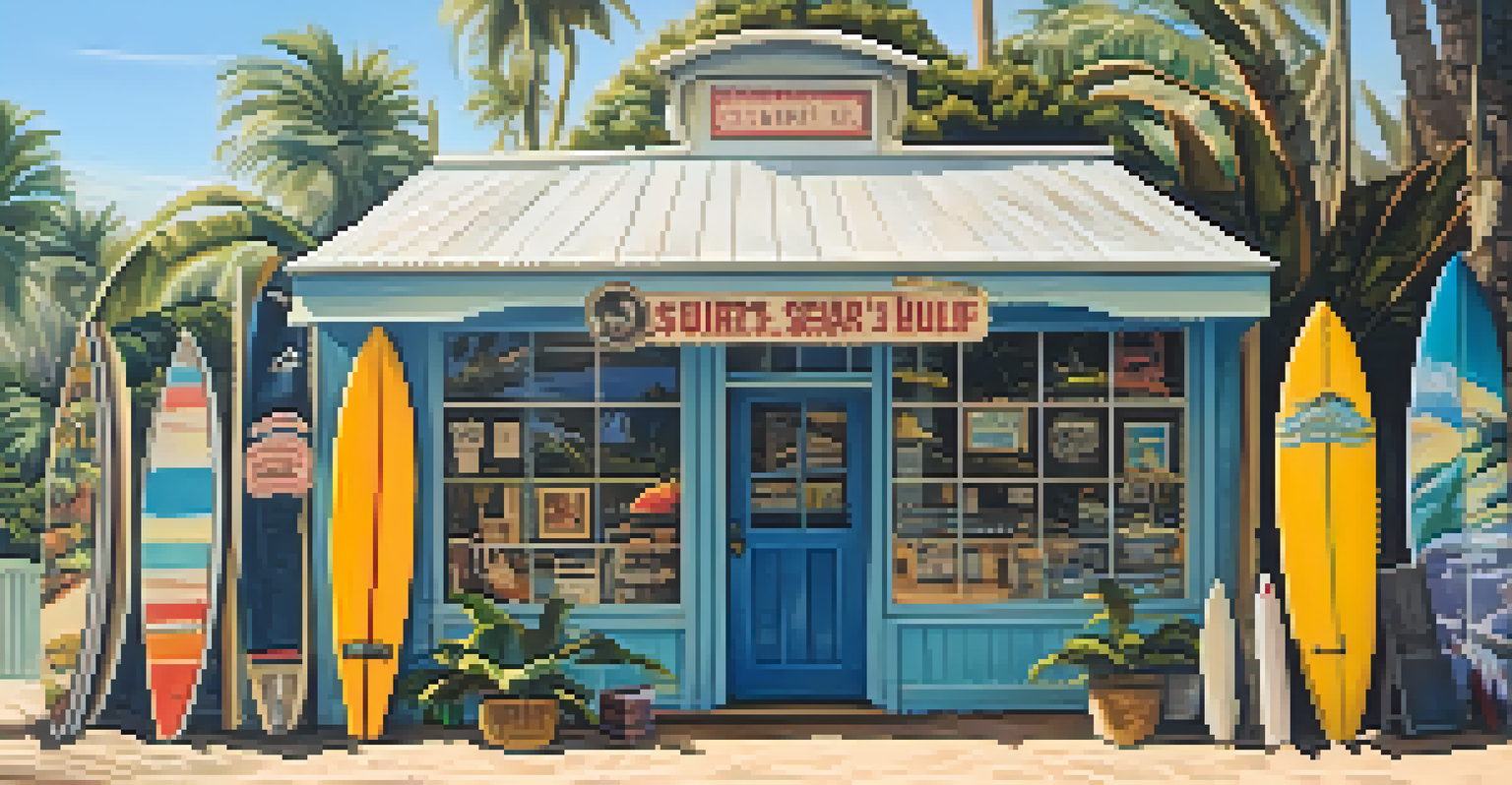A vintage surf shop with surfboards and ocean memorabilia, surrounded by tropical plants and bathed in sunlight.
