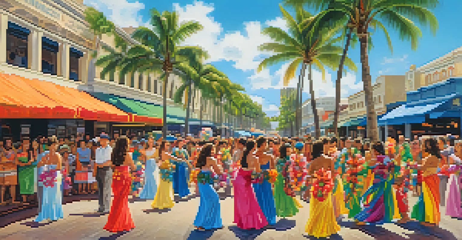 A busy street in Honolulu with tourists watching a traditional Hawaiian hula performance, surrounded by colorful decorations and palm trees.