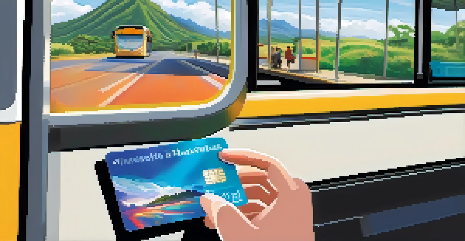 A close-up of a HOLO card being used on a fare reader inside a bus, with passengers in the background enjoying the scenic views outside.