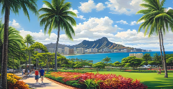 A scenic view of Kapiolani Park with palm trees, tropical flowers, and Diamond Head in the background under a clear blue sky.
