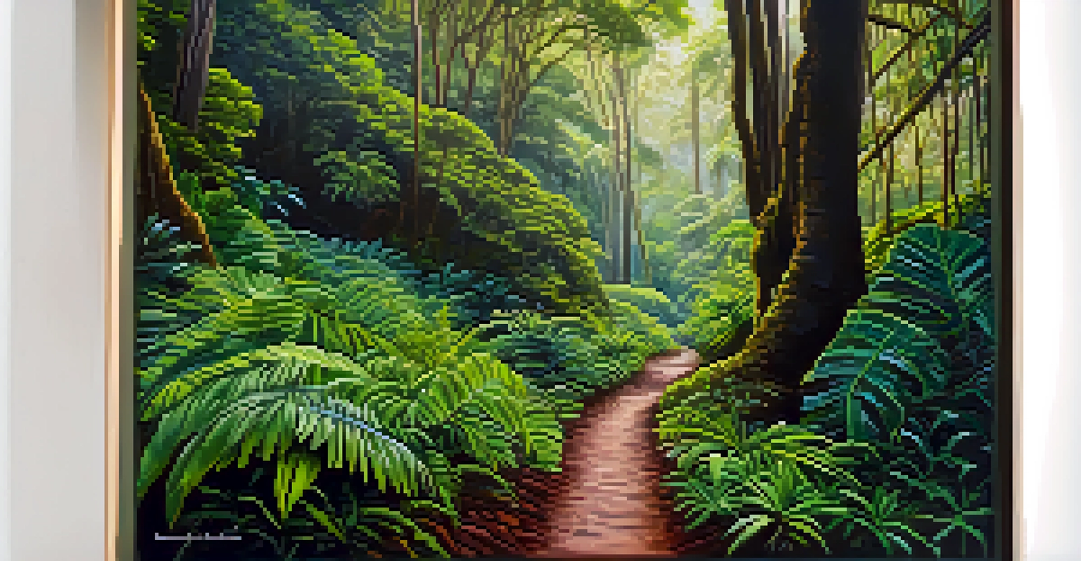 A hiking trail surrounded by tropical plants and trees, with hikers walking towards a distant waterfall.