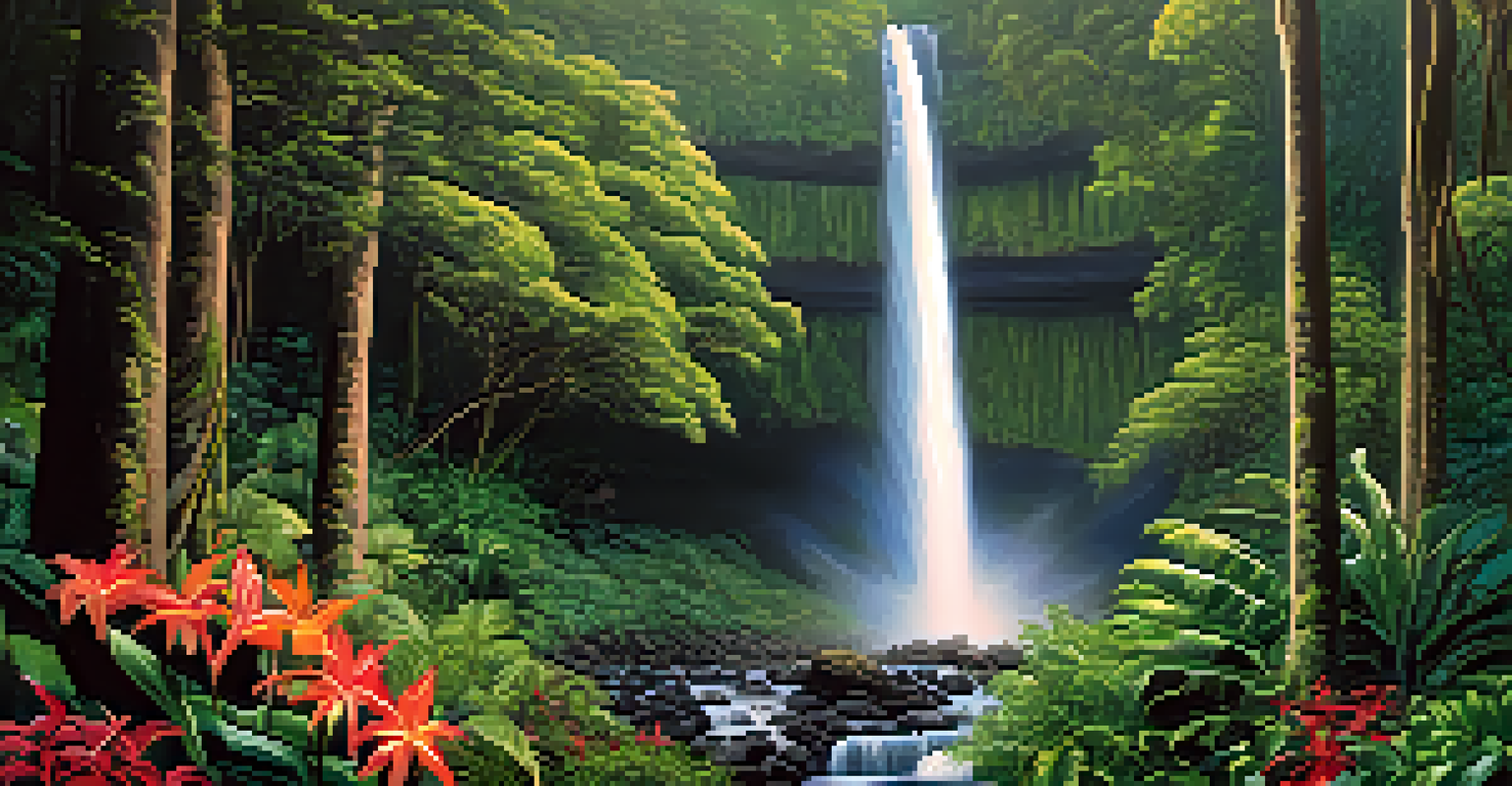 Manoa Falls surrounded by lush greenery and vibrant flowers in a misty atmosphere.