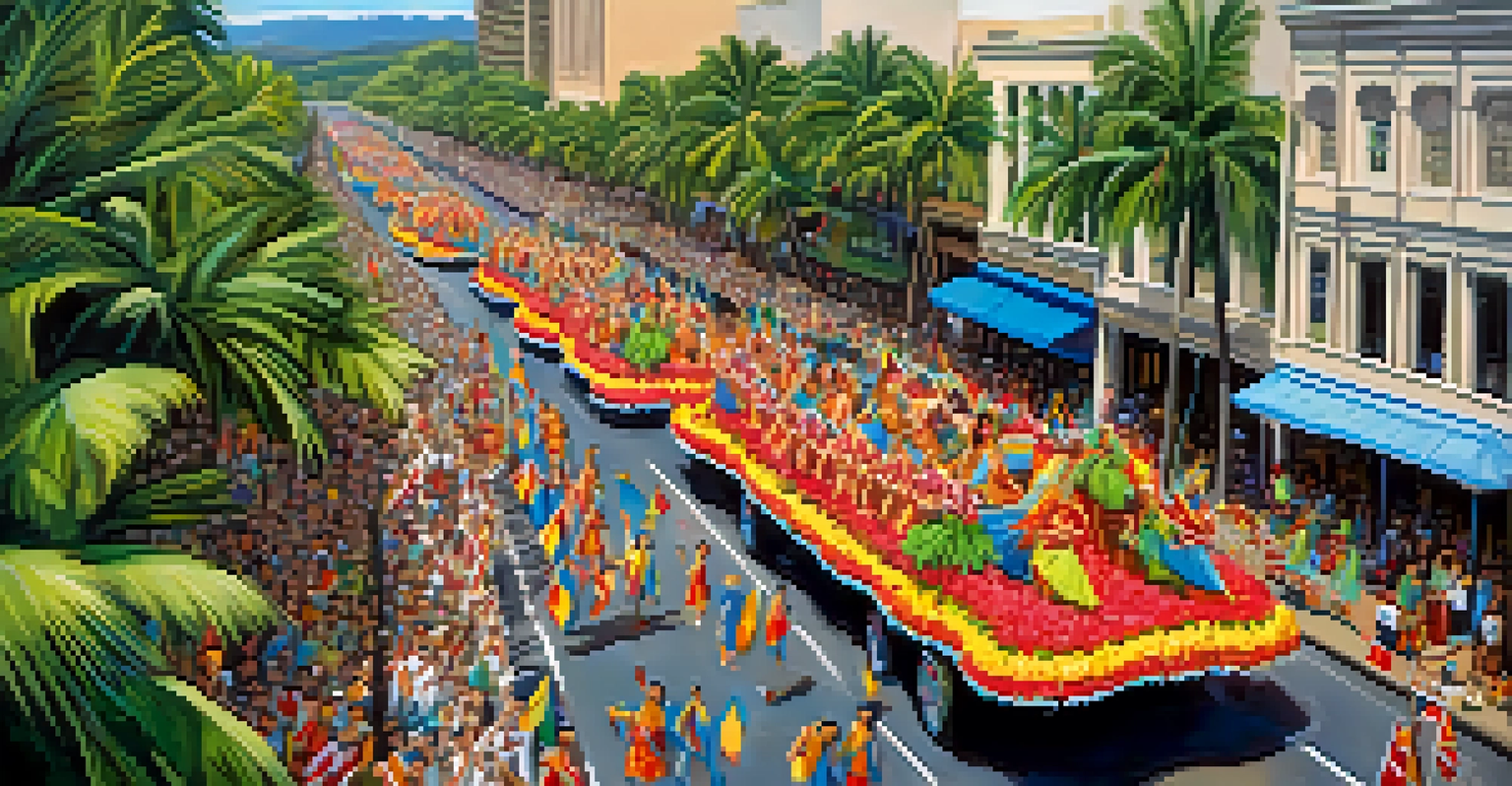Aerial view of the Kamehameha Day Parade in Honolulu with colorful floats, participants in traditional Hawaiian attire, and palm trees lining the streets.