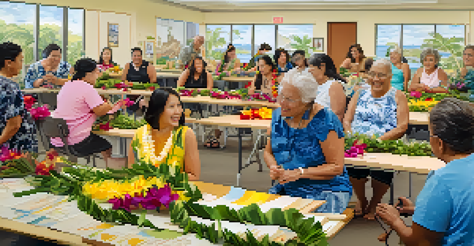 Participants in a community workshop in Honolulu learning to make traditional Hawaiian leis, with colorful materials and a bright, inviting atmosphere.