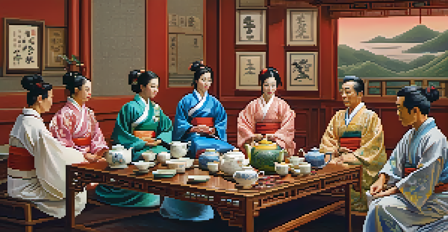 A traditional tea ceremony in a cozy tea room, featuring a beautiful tea set and people enjoying the experience.