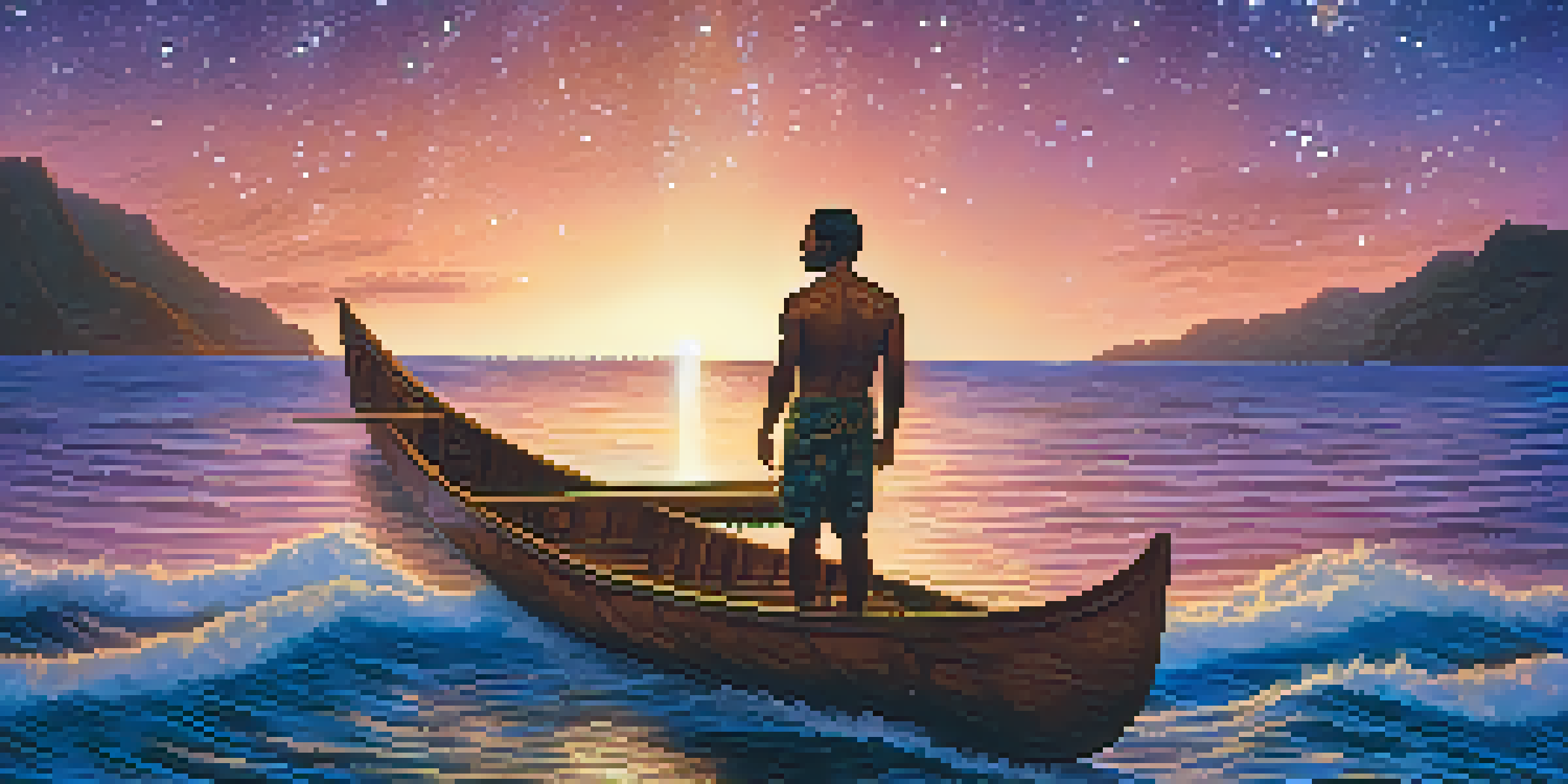 A Hawaiian navigator on a traditional canoe under a starlit sky, symbolizing ancient navigation techniques.