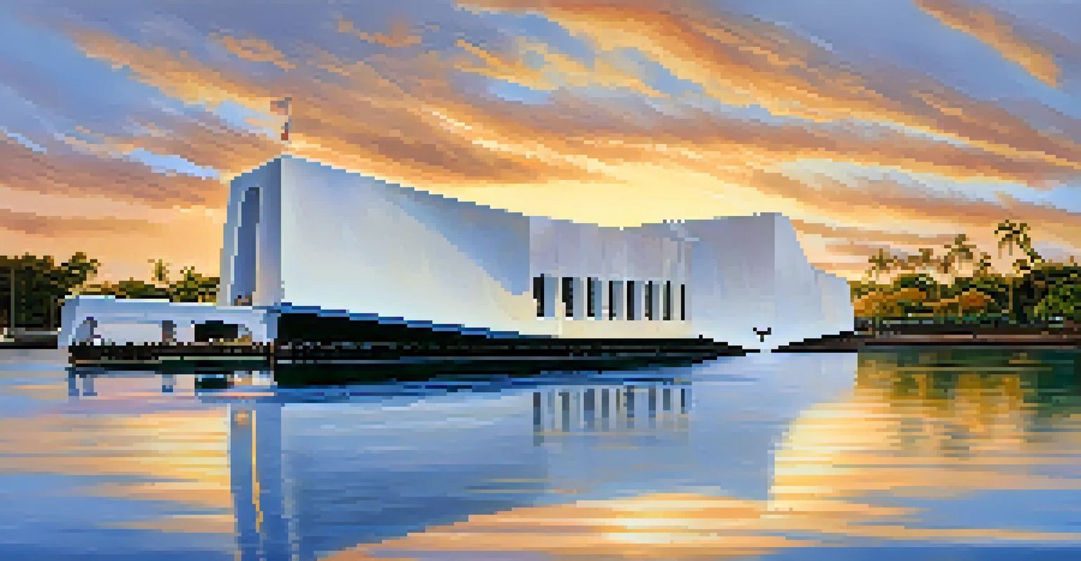 A peaceful sunset view of the USS Arizona Memorial at Pearl Harbor, surrounded by calm waters.