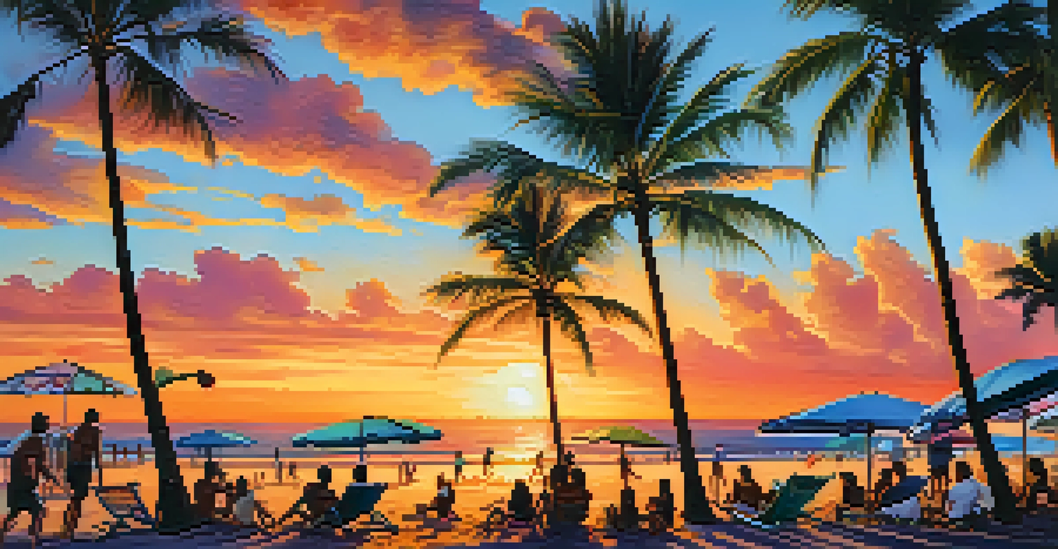 A lively sunset at Waikiki Beach with people surfing, relaxing, and photographing the scene, framed by palm trees.