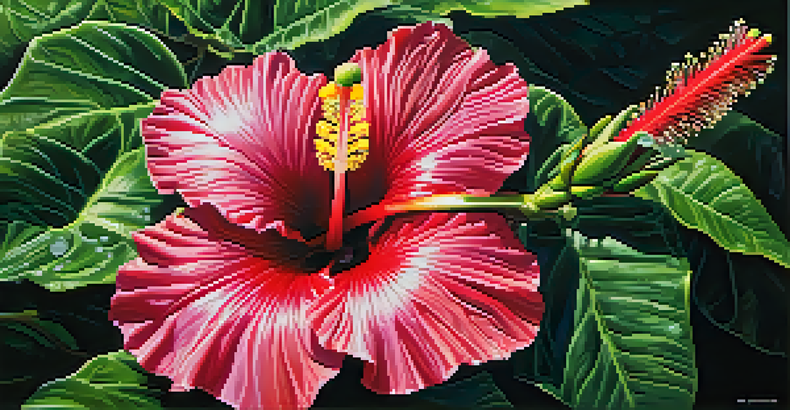 A close-up of a native Hawaiian hibiscus flower with detailed petals and glistening dew drops.