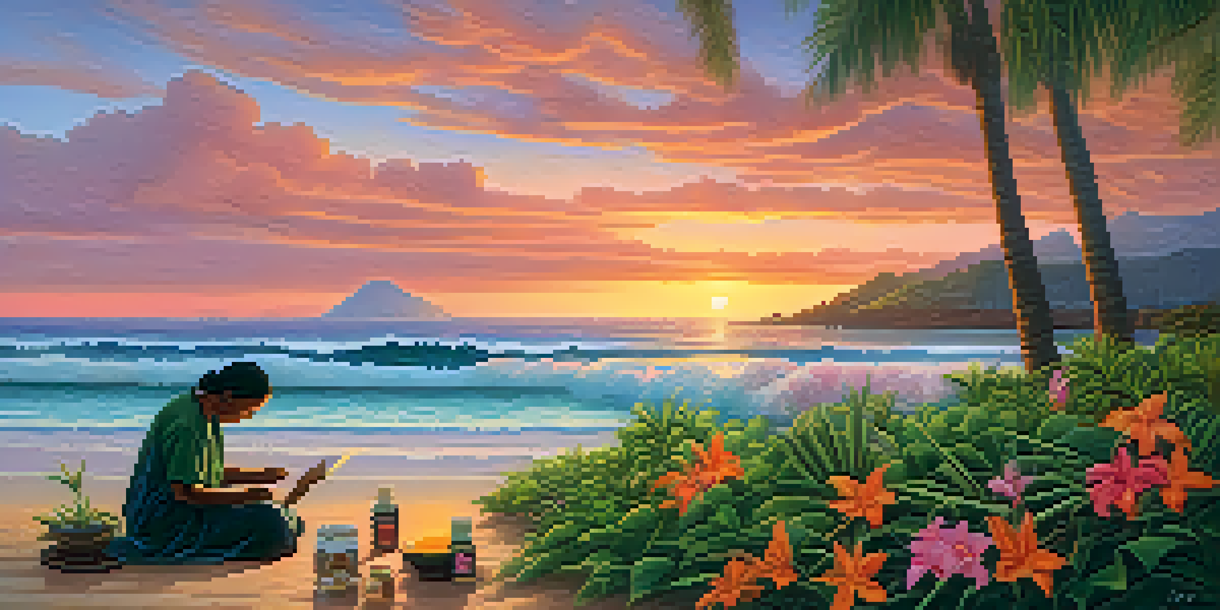 A Hawaiian healer preparing herbal remedies on a beach at sunset, surrounded by lush mountains and vibrant colors in the sky.